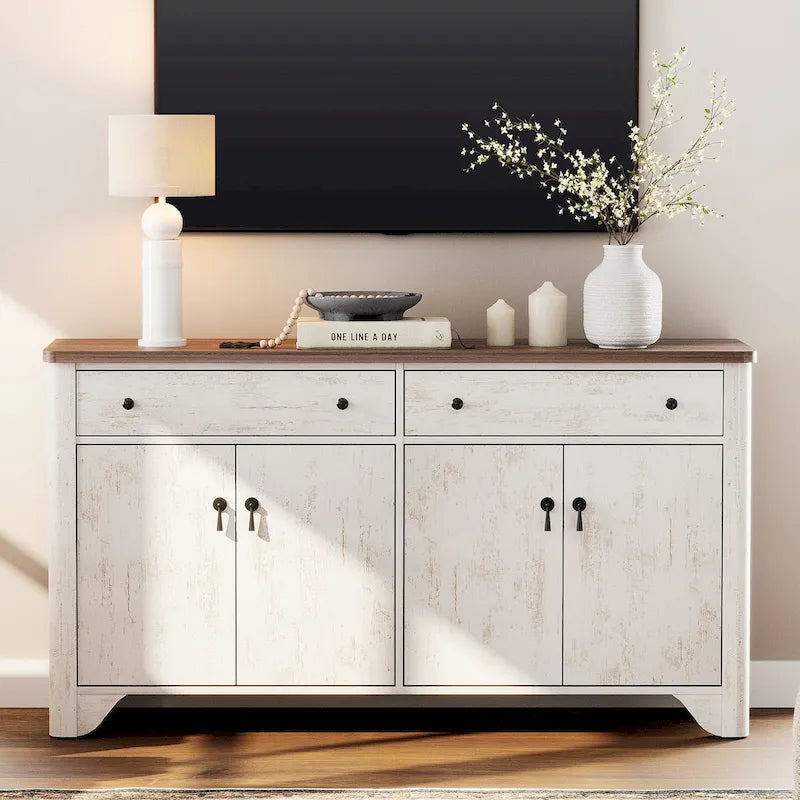 Meuble TV rustique de 150 cm (pour téléviseurs de 65 pouces) — Meuble de divertissement en bois avec 2 tiroirs, des armoires de rangement et des étagères réglables