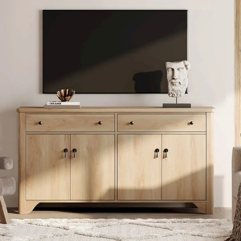 Meuble TV rustique de 150 cm (pour téléviseurs de 65 pouces) — Meuble de divertissement en bois avec 2 tiroirs, des armoires de rangement et des étagères réglables