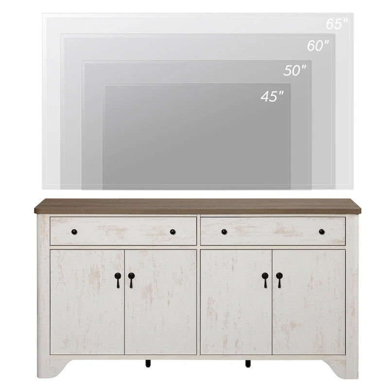Meuble TV rustique de 150 cm (pour téléviseurs de 65 pouces) — Meuble de divertissement en bois avec 2 tiroirs, des armoires de rangement et des étagères réglables