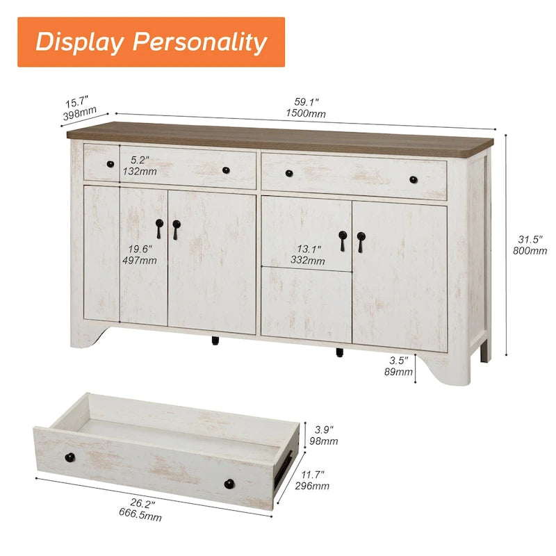 Meuble TV rustique de 150 cm (pour téléviseurs de 65 pouces) — Meuble de divertissement en bois avec 2 tiroirs, des armoires de rangement et des étagères réglables