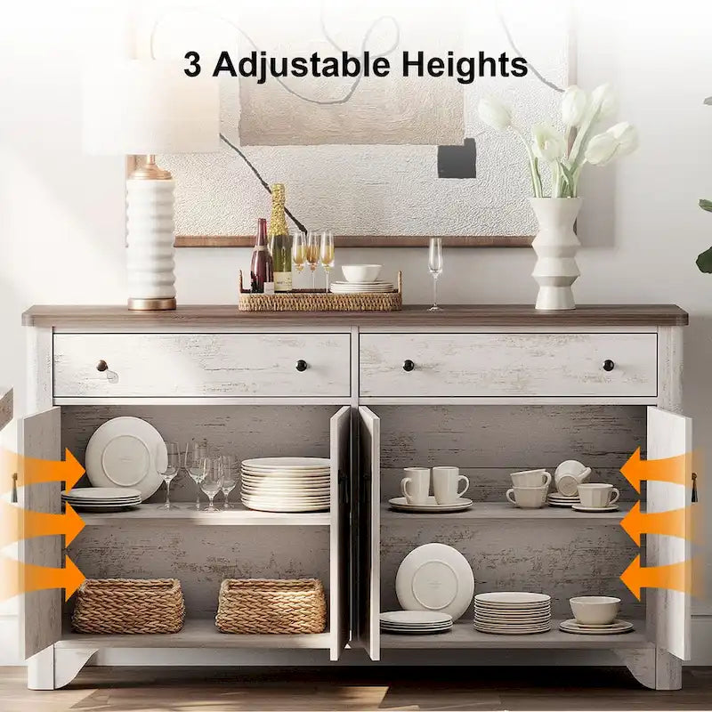 Meuble TV rustique de 150 cm (pour téléviseurs de 65 pouces) — Meuble de divertissement en bois avec 2 tiroirs, des armoires de rangement et des étagères réglables