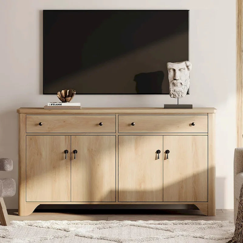 Meuble TV rustique de 150 cm (pour téléviseurs de 65 pouces) — Meuble de divertissement en bois avec 2 tiroirs, des armoires de rangement et des étagères réglables