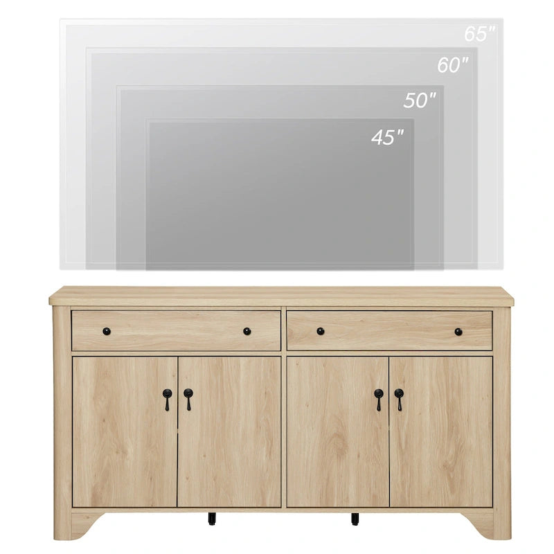 Meuble TV rustique de 150 cm (pour téléviseurs de 65 pouces) — Meuble de divertissement en bois avec 2 tiroirs, des armoires de rangement et des étagères réglables
