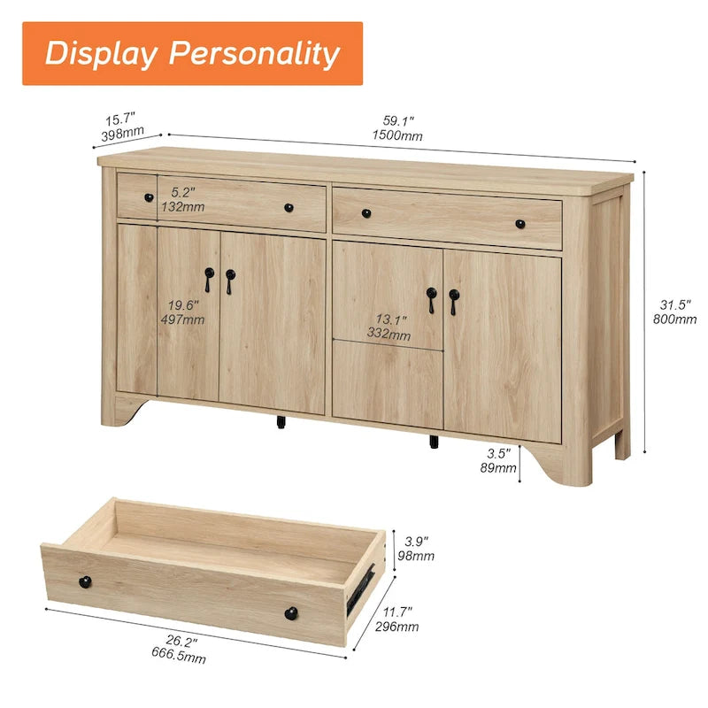 Meuble TV rustique de 150 cm (pour téléviseurs de 65 pouces) — Meuble de divertissement en bois avec 2 tiroirs, des armoires de rangement et des étagères réglables