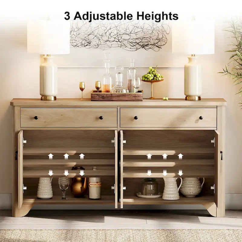 Meuble TV rustique de 150 cm (pour téléviseurs de 65 pouces) — Meuble de divertissement en bois avec 2 tiroirs, des armoires de rangement et des étagères réglables