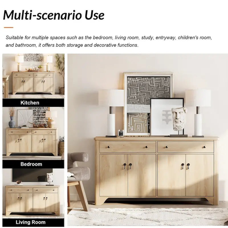 Meuble TV rustique de 150 cm (pour téléviseurs de 65 pouces) — Meuble de divertissement en bois avec 2 tiroirs, des armoires de rangement et des étagères réglables