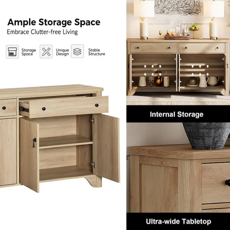 Meuble TV rustique de 150 cm (pour téléviseurs de 65 pouces) — Meuble de divertissement en bois avec 2 tiroirs, des armoires de rangement et des étagères réglables