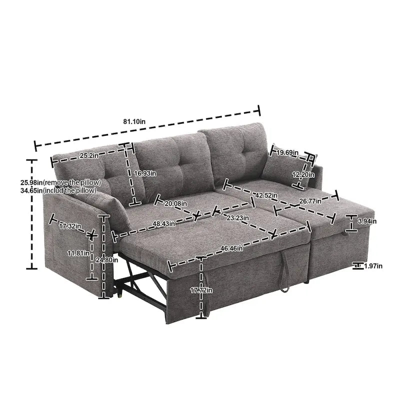 81,1 Canapé d'angle 3 places avec méridienne réversible, sièges de rangement et design polyvalent