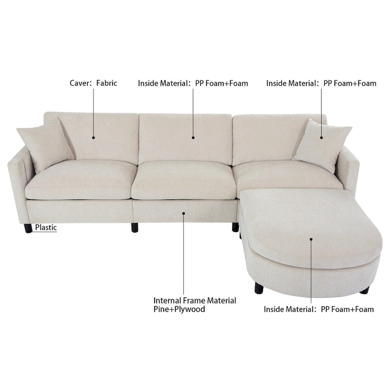 107.87 Canapé sectionnel 4 places avec coussin amovible et pouf mobile