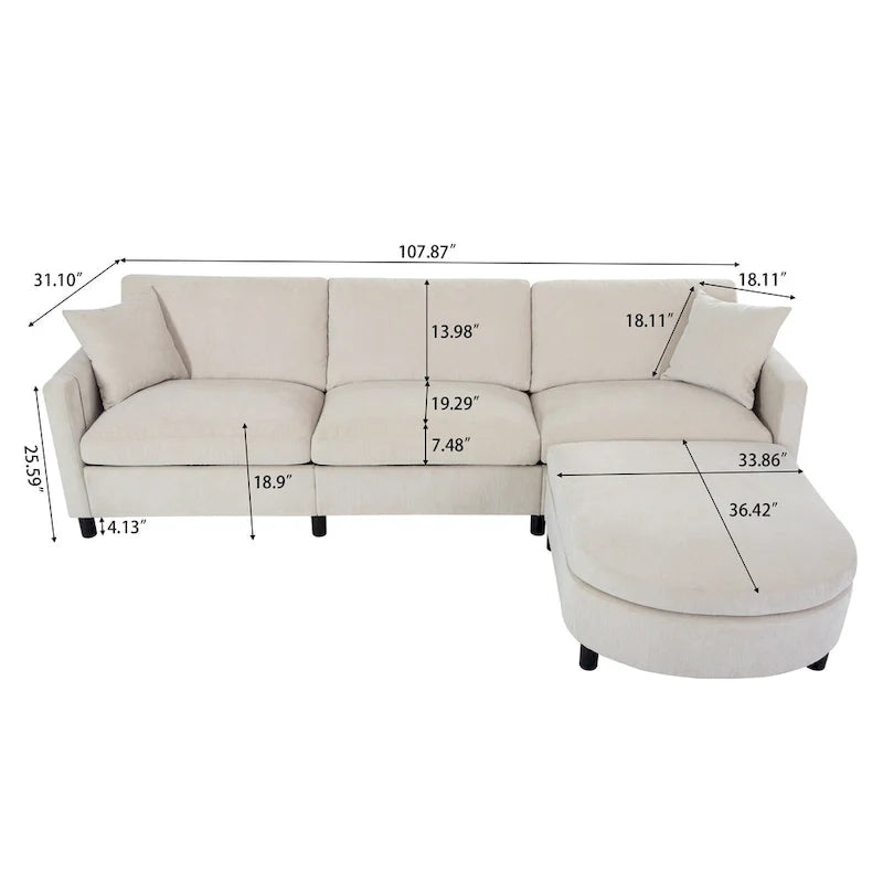 107.87 Canapé sectionnel 4 places avec coussin amovible et pouf mobile