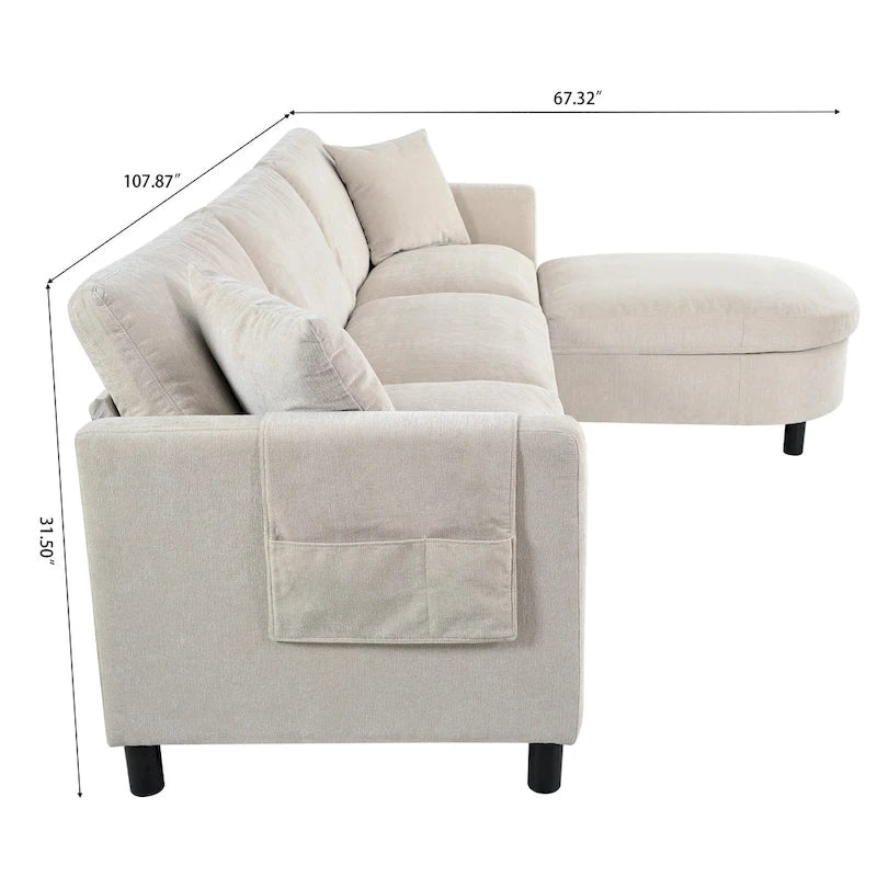 107.87 Canapé sectionnel 4 places avec coussin amovible et pouf mobile