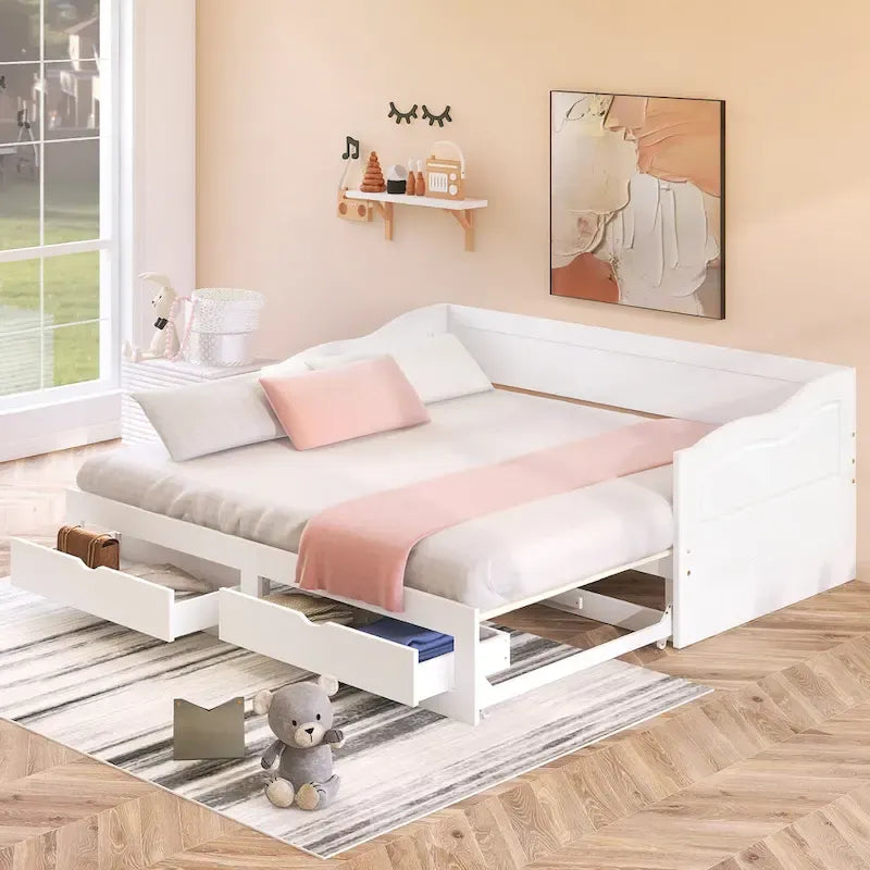 Lit de repos extensible en pin blanc avec 2 tiroirs de rangement