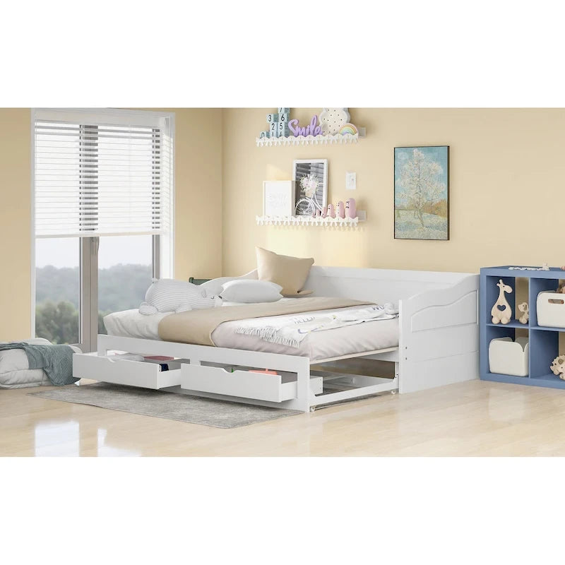 Lit de repos extensible en pin blanc avec 2 tiroirs de rangement