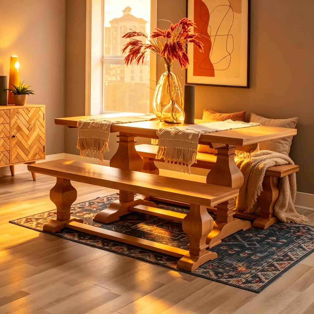 Chaise et banc de salle à manger en bois massif