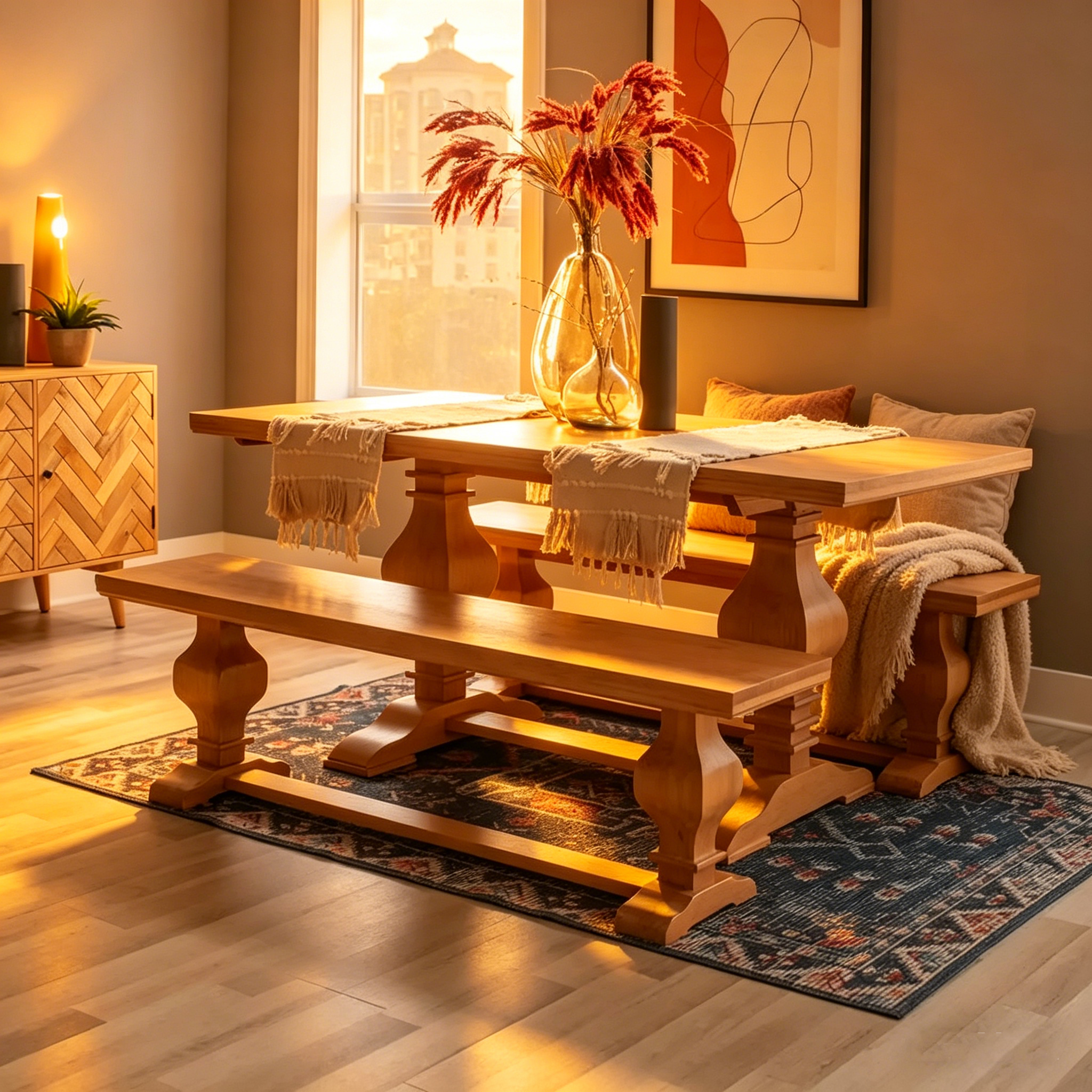 Chaise et banc de salle à manger en bois massif