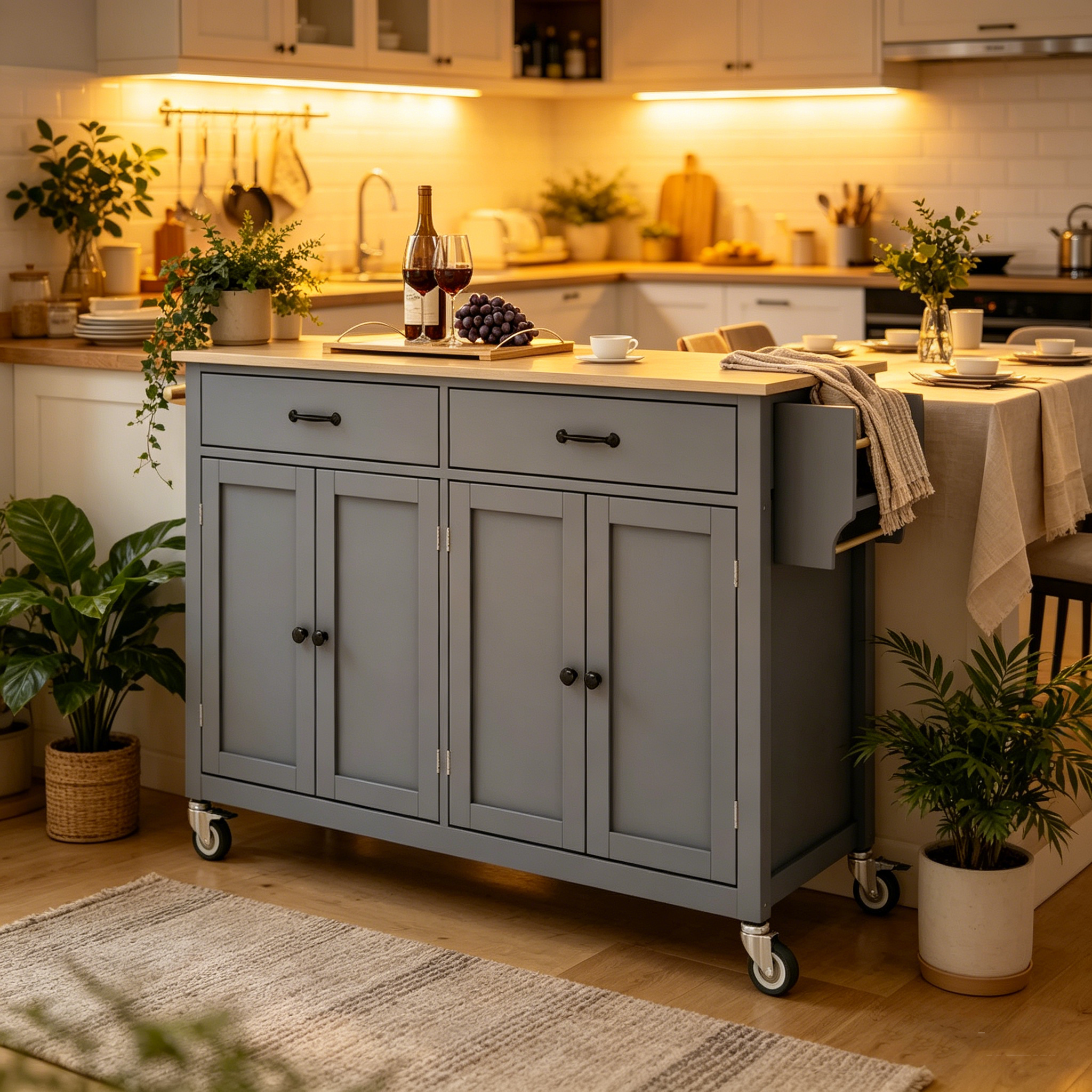 Dessert de cuisine essentiel en MDF avec plateau en bois massif, roues verrouillables et porte-épices