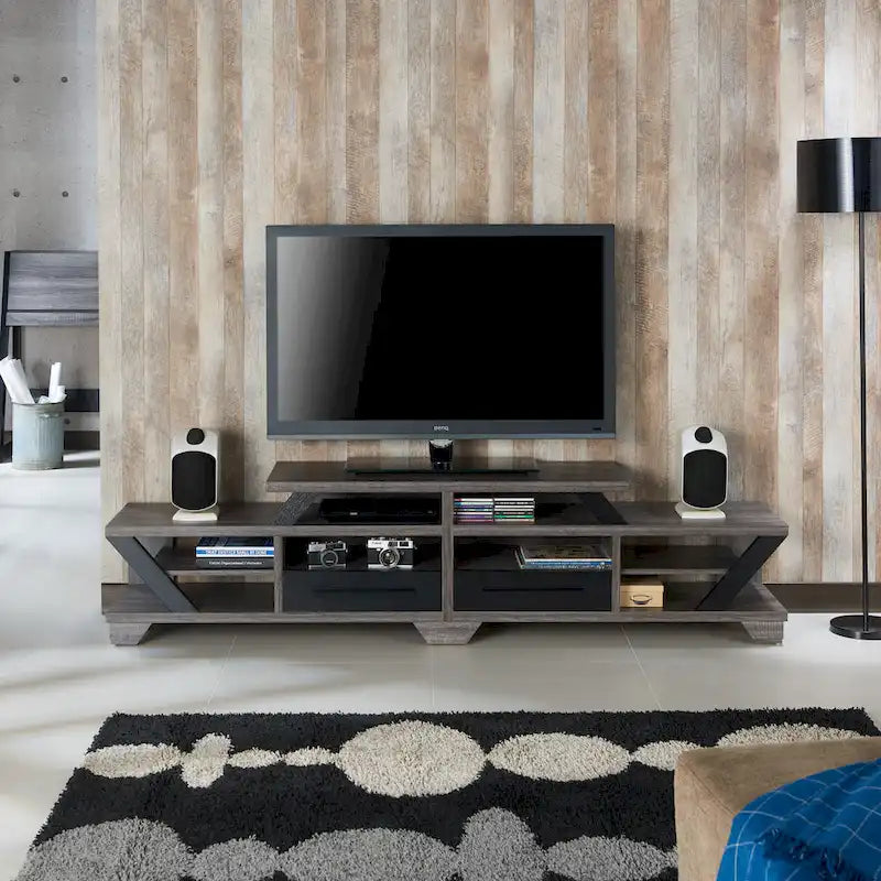Meuble TV moderne gris de 82 pouces de large avec étagères ouvertes