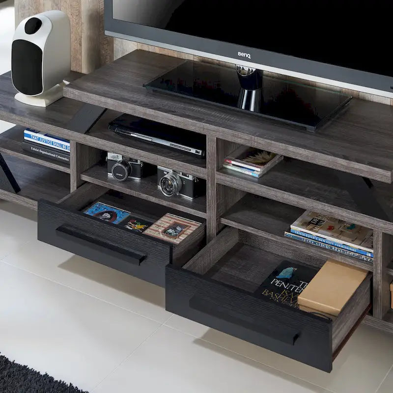 Meuble TV moderne gris de 82 pouces de large avec étagères ouvertes