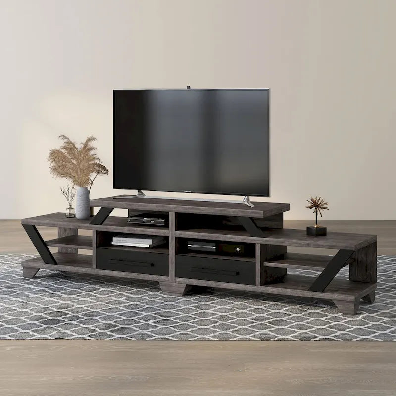 Meuble TV moderne gris de 82 pouces de large avec étagères ouvertes