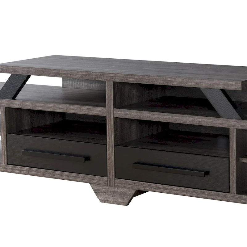 Meuble TV moderne gris de 82 pouces de large avec étagères ouvertes
