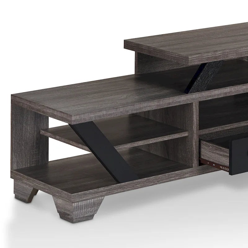 Meuble TV moderne gris de 82 pouces de large avec étagères ouvertes