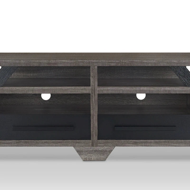 Meuble TV moderne gris de 82 pouces de large avec étagères ouvertes