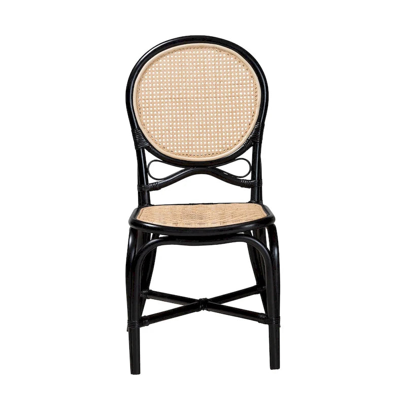 Chaise de salle à manger en rotin bicolore (noir et bois naturel) de style Mid-Century Modern
