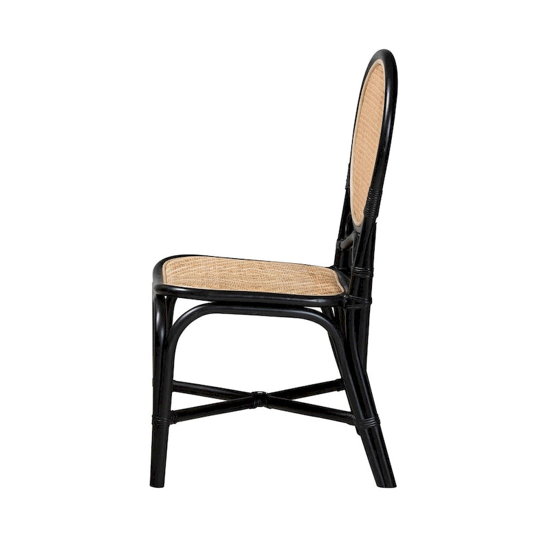 Chaise de salle à manger en rotin bicolore (noir et bois naturel) de style Mid-Century Modern