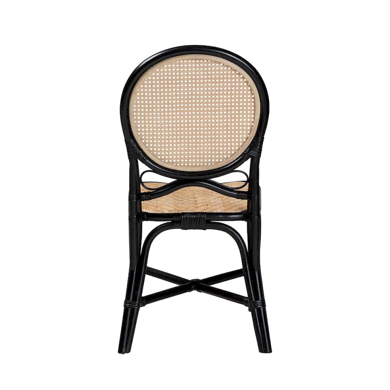 Chaise de salle à manger en rotin bicolore (noir et bois naturel) de style Mid-Century Modern