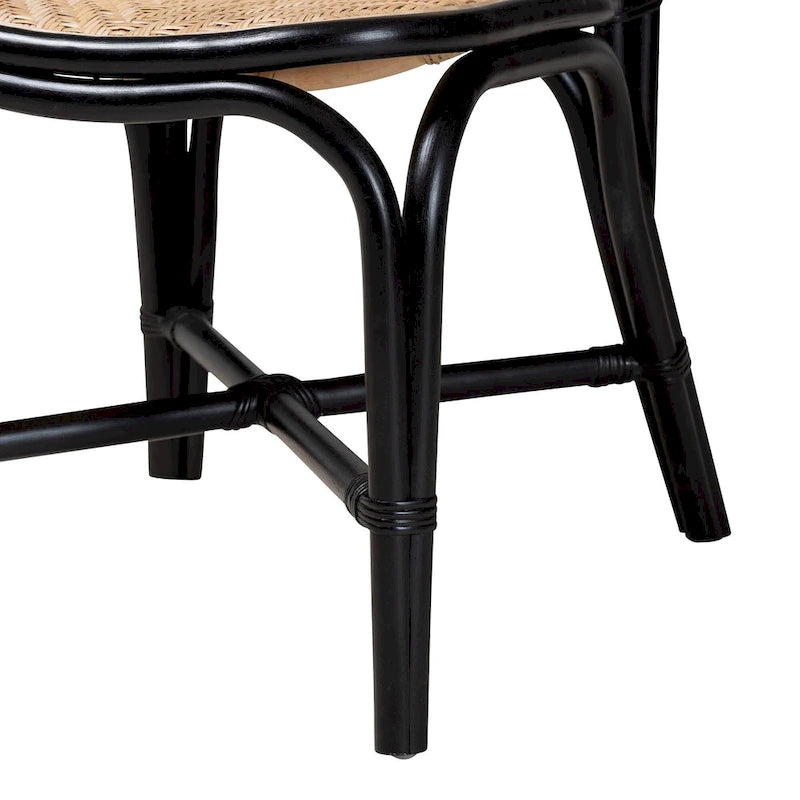 Chaise de salle à manger en rotin bicolore (noir et bois naturel) de style Mid-Century Modern