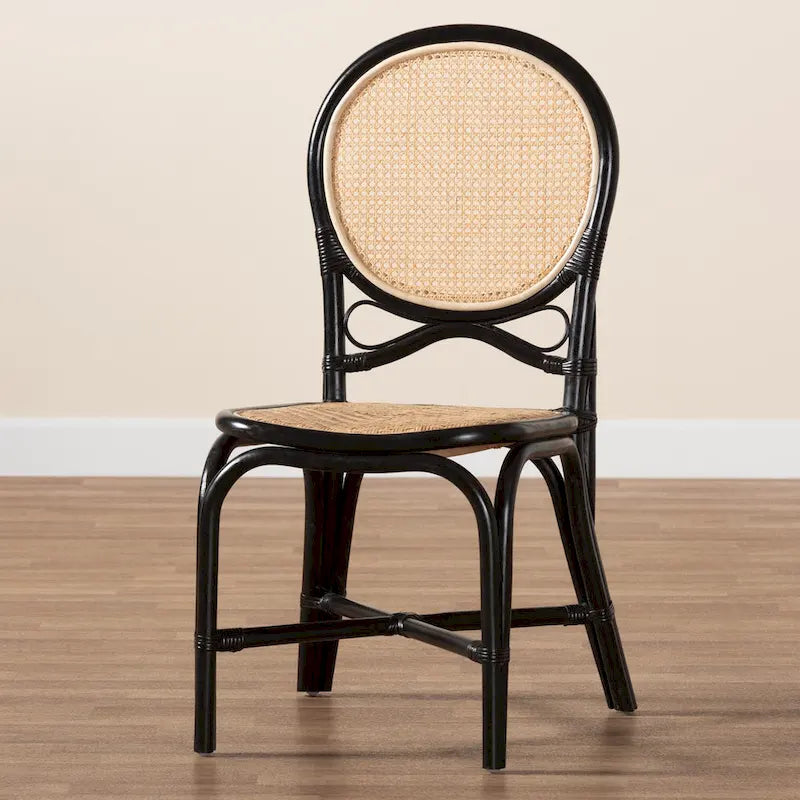 Chaise de salle à manger en rotin bicolore (noir et bois naturel) de style Mid-Century Modern
