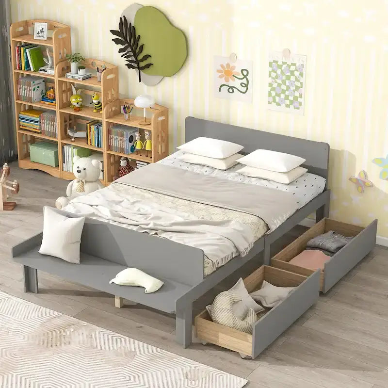 Lit double avec banc de pied de lit, 2 tiroirs