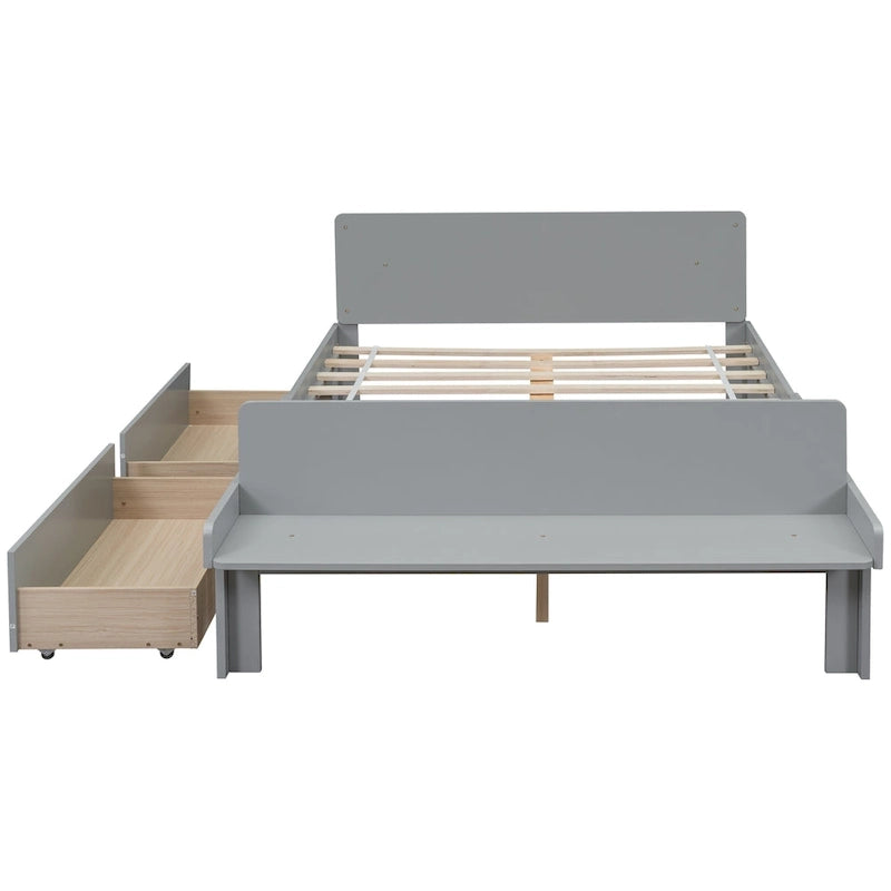 Lit double avec banc de pied de lit, 2 tiroirs