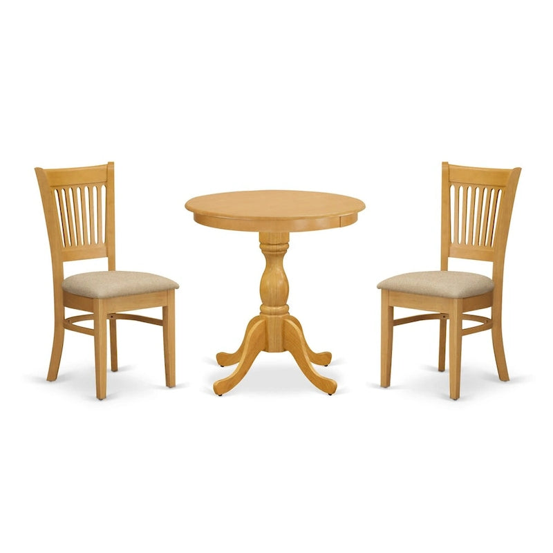 Ensemble de salle à manger 3 pièces : comprend une table à manger ronde et deux chaises de cuisine — Bois de chêne (plusieurs styles de chaises disponibles)