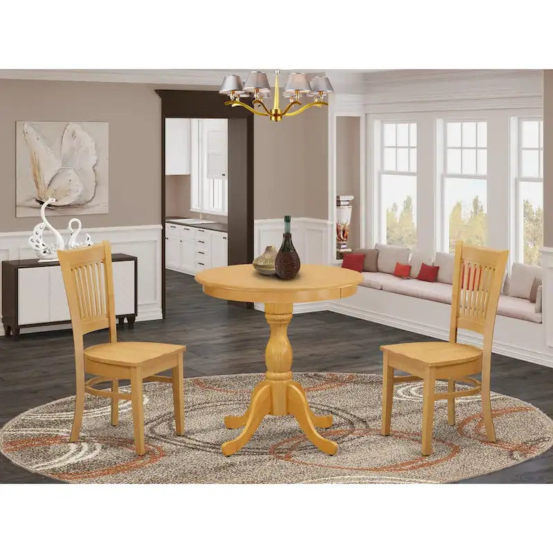 Ensemble de salle à manger 3 pièces : comprend une table à manger ronde et deux chaises de cuisine — Bois de chêne (plusieurs styles de chaises disponibles)