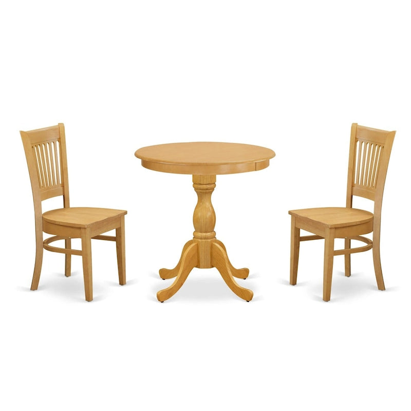 Ensemble de salle à manger 3 pièces : comprend une table à manger ronde et deux chaises de cuisine — Bois de chêne (plusieurs styles de chaises disponibles)