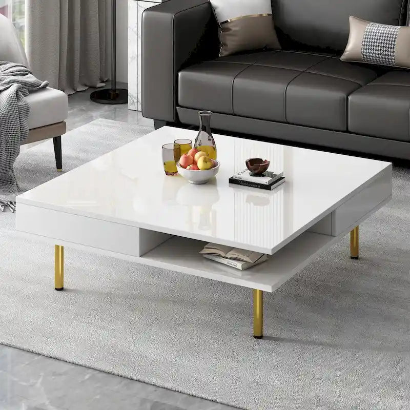 Table basse laquée : 4 pieds dorés, 2 tiroirs, design carré à 2 niveaux