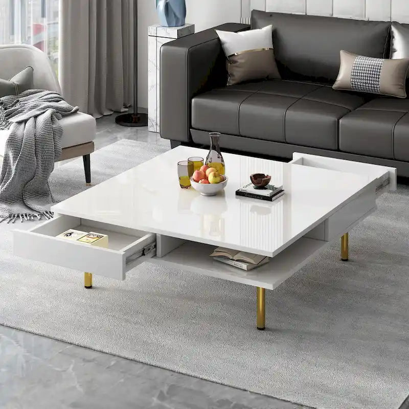 Table basse laquée : 4 pieds dorés, 2 tiroirs, design carré à 2 niveaux