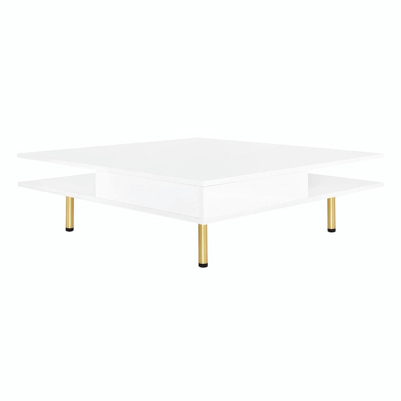 Table basse laquée : 4 pieds dorés, 2 tiroirs, design carré à 2 niveaux