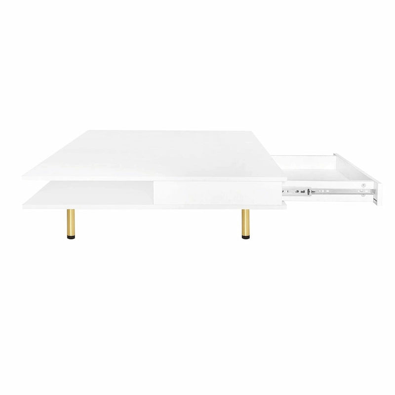 Table basse laquée : 4 pieds dorés, 2 tiroirs, design carré à 2 niveaux