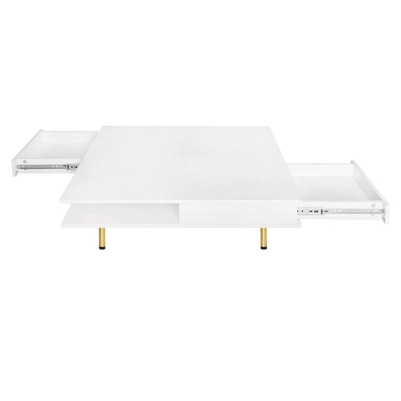 Table basse laquée : 4 pieds dorés, 2 tiroirs, design carré à 2 niveaux