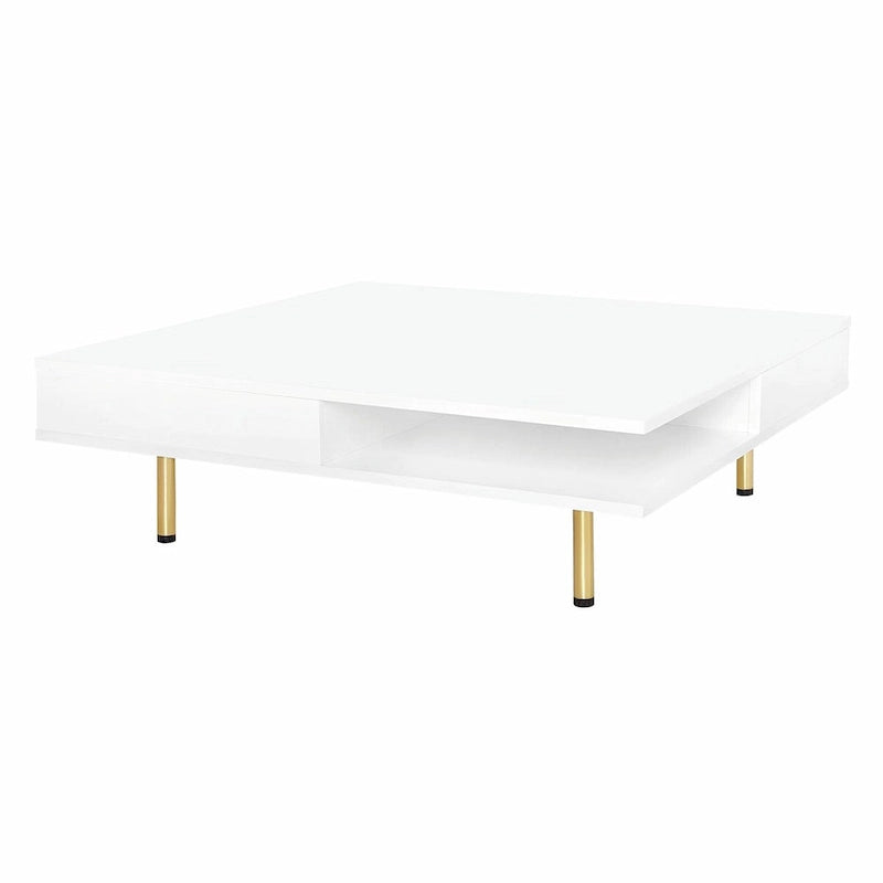 Table basse laquée : 4 pieds dorés, 2 tiroirs, design carré à 2 niveaux