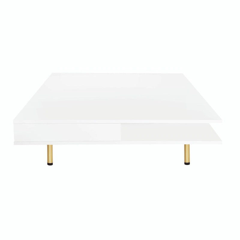 Table basse laquée : 4 pieds dorés, 2 tiroirs, design carré à 2 niveaux