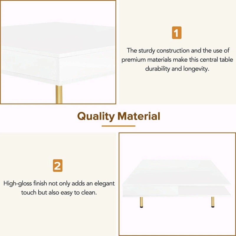 Table basse laquée : 4 pieds dorés, 2 tiroirs, design carré à 2 niveaux