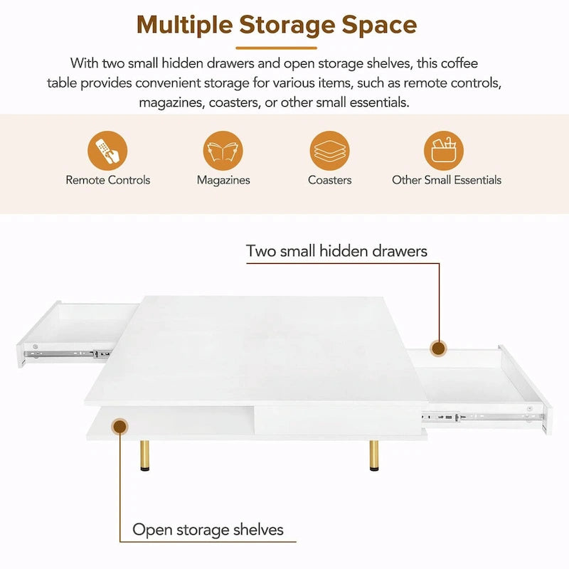 Table basse laquée : 4 pieds dorés, 2 tiroirs, design carré à 2 niveaux