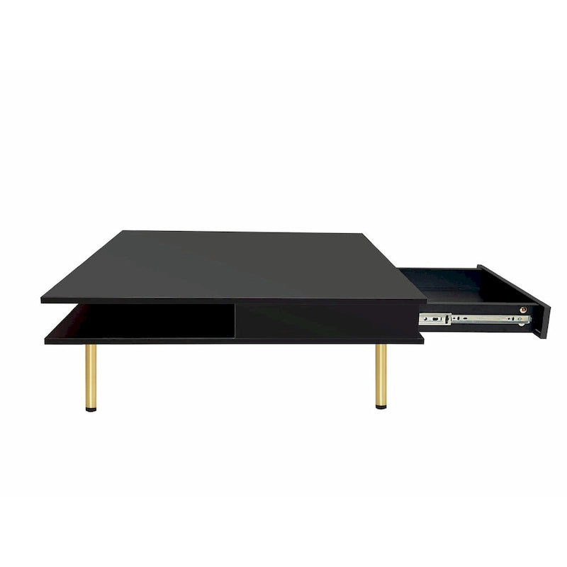 Table basse laquée : 4 pieds dorés, 2 tiroirs, design carré à 2 niveaux