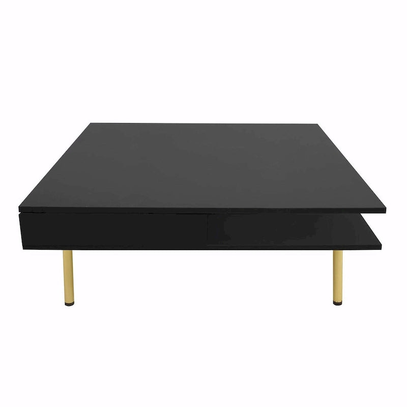 Table basse laquée : 4 pieds dorés, 2 tiroirs, design carré à 2 niveaux