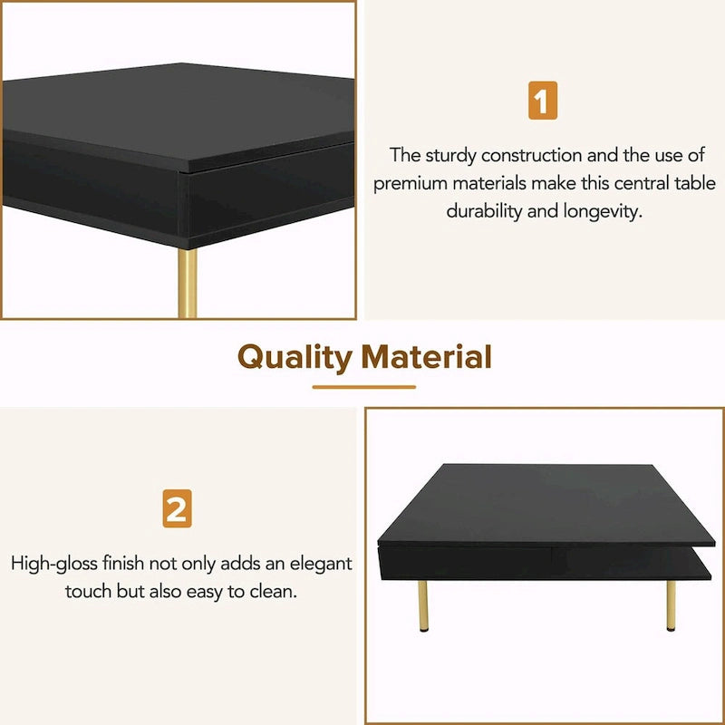 Table basse laquée : 4 pieds dorés, 2 tiroirs, design carré à 2 niveaux