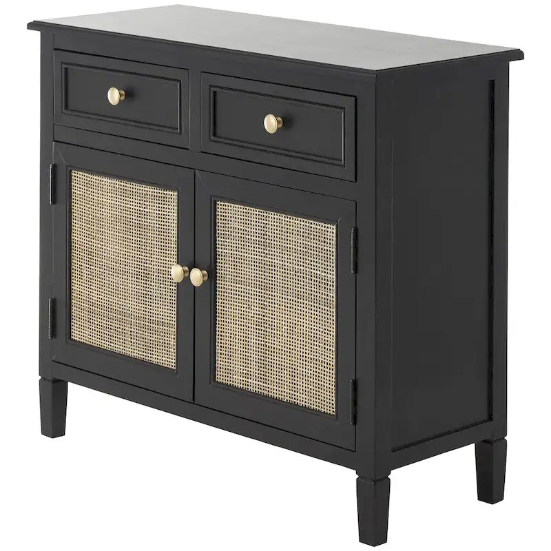 Meuble de rangement artisanal en bois avec deux tiroirs et deux portes (panneaux en rotin tressé) — Noir