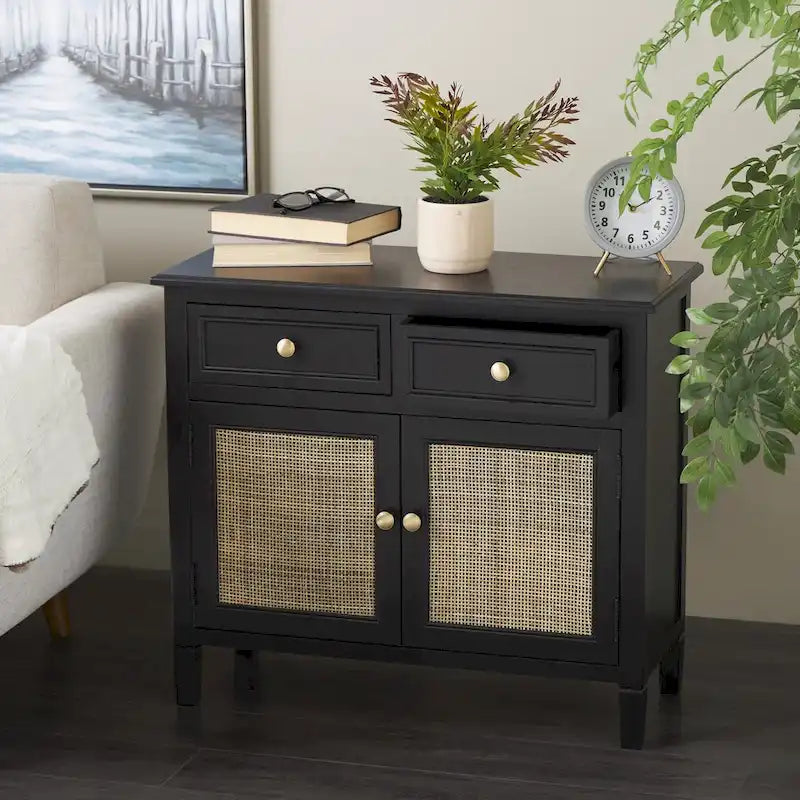 Meuble de rangement artisanal en bois avec deux tiroirs et deux portes (panneaux en rotin tressé) — Noir